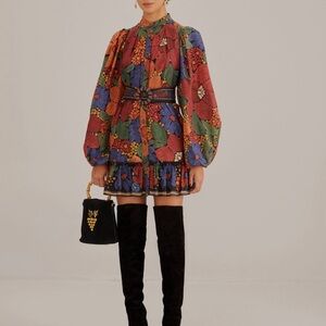 Farm Rio Black stitched flowers long sleeve mini dress with belt